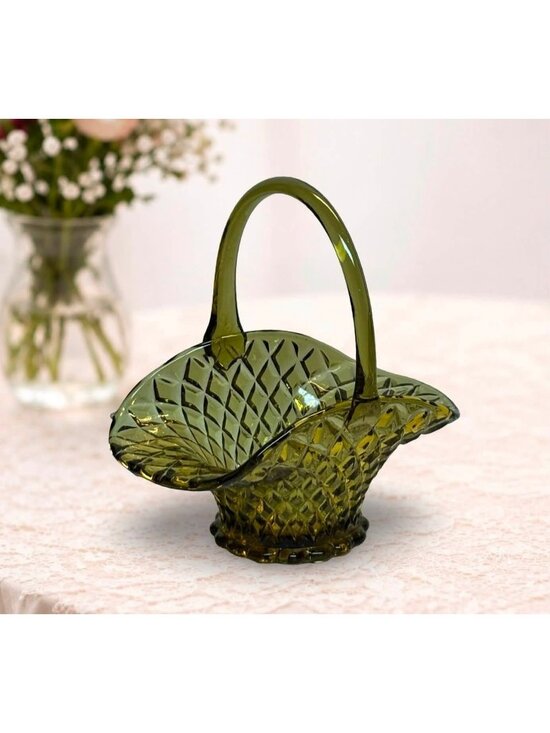 Indiana Glass Other - Vintage Indiana Glass Olive Green Diamond  Point Handled Basket 7 inches MCM